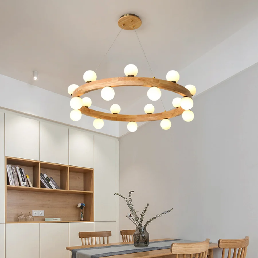 

IWP Nordic Round Wooden Ring Chandeliers Parlor Log Hanging Lamp Dining Room Kitchen Bedroom Walnut Pendant Lights With G9 Bulbs