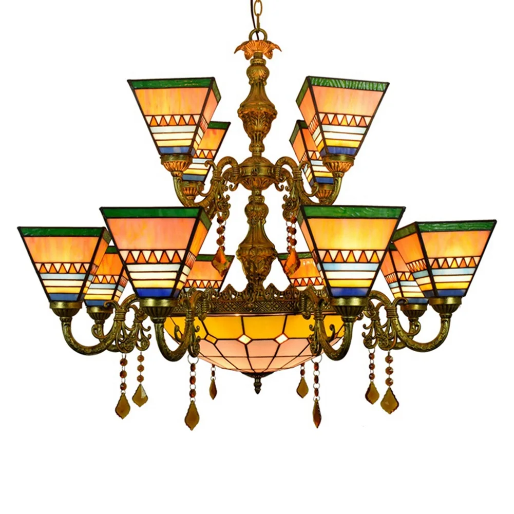 Люстра из витражного стекла с 12 насадками большая разноцветная лампа в виде