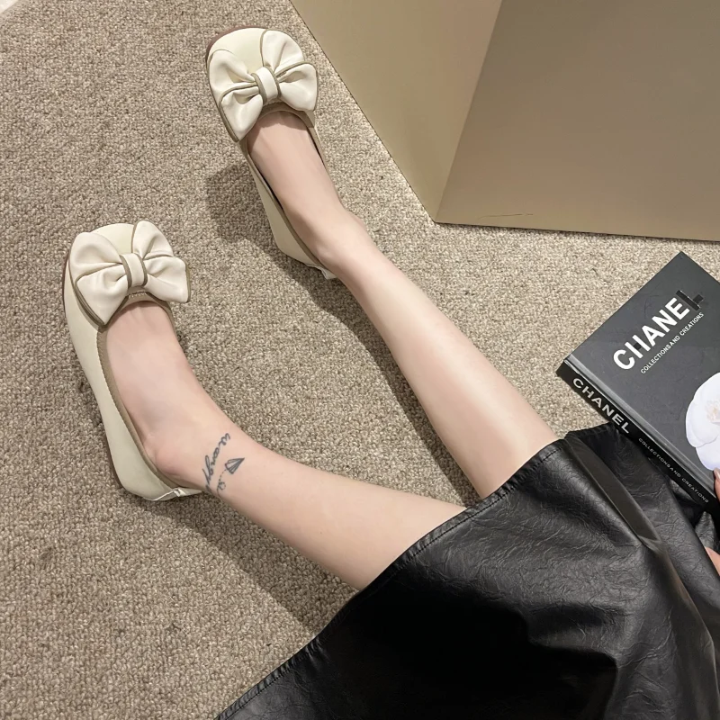 

2023 Ballet Flats Shoes Women Bowknot Decor Leather Heeled Loafers Round Toe Slip-on Spring Autumn Fashion Casual Ladies Shoes