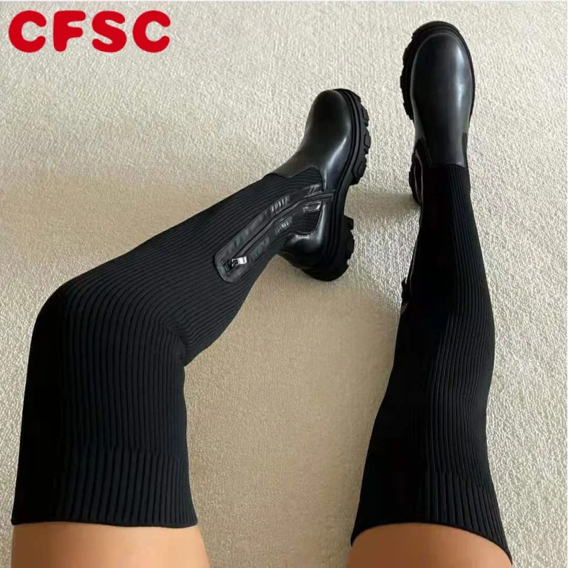 

Women Thick Sole Boots 2023 Autumn Winter Breathable Knitting Sock Ladies Thigh High Boots Stretch Round Toe Shoes Plus Size 43