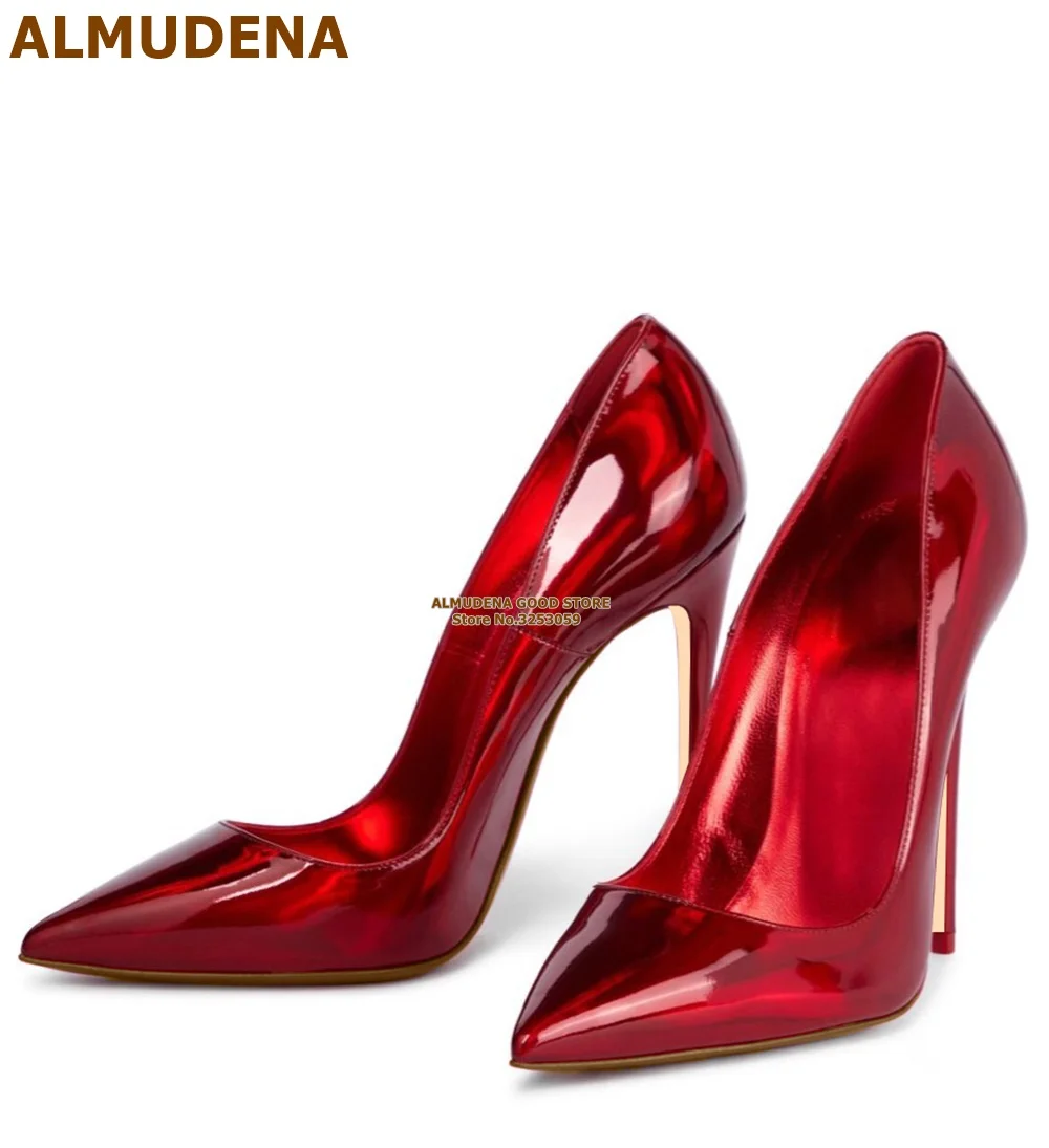 ALMUDENA Purple Patent Leather Hologram Iridescent 12cm High Heels Pointed Toe Slip-on Shallow Dress Pumps Size45 Wedding Shoes