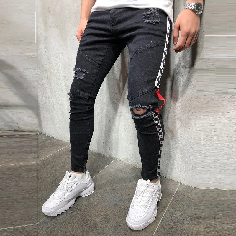 Men's Fashion Ribbon Hole Small Foot Slim Small Foot Zipper Jeans Four Seasons All-match denim jeans Streetwear Men