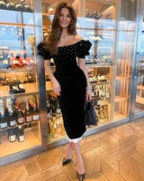 simple black mermaid evening dress off shoulder short sleeves pearls women formal tea length prom party dresses