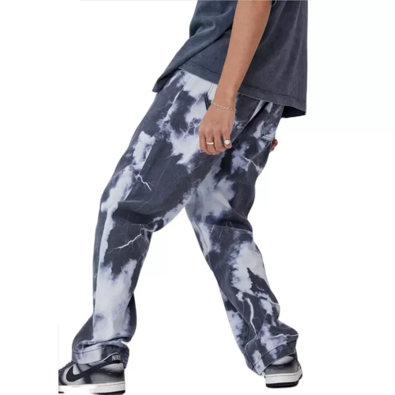 New2022 Casual Loose Straight Denim Pants Tie Dye Lightning Print Grey Long Trouser Straight Jeans