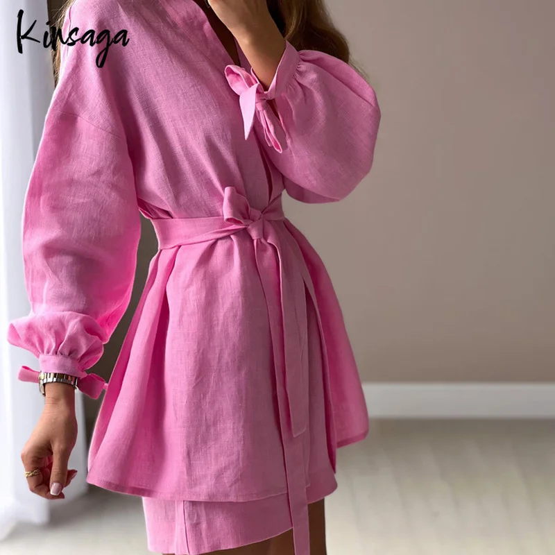 

Long Sleeve Blouse Cardigan 2 Two Pieces Sets Elegant V-Neck Shirt High Waist Loose Shorts Women Kimono Tops Solid Suits Outfits