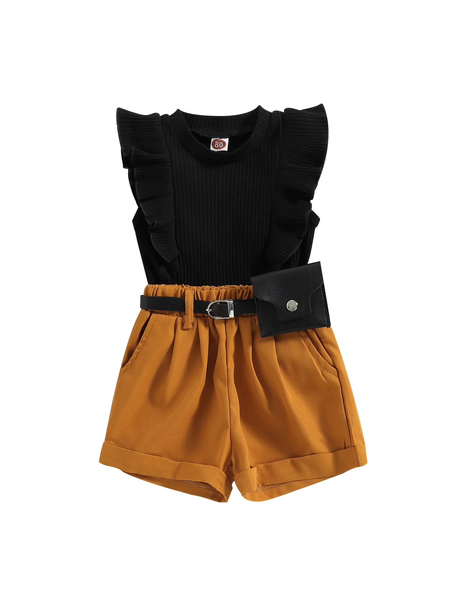 

Летняя одежда для маленьких девочек, комплект из 2 предметов, рубашка в рубчик без рукавов с глубоким круглым вырезом и оборками на плечах, т...