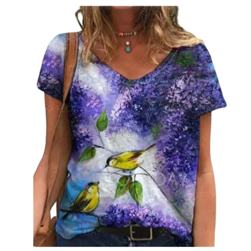 

2022 Women Animal Birds Print Casual T-shirt Loose V-Neck Pullovers Summer Tops Plus Size