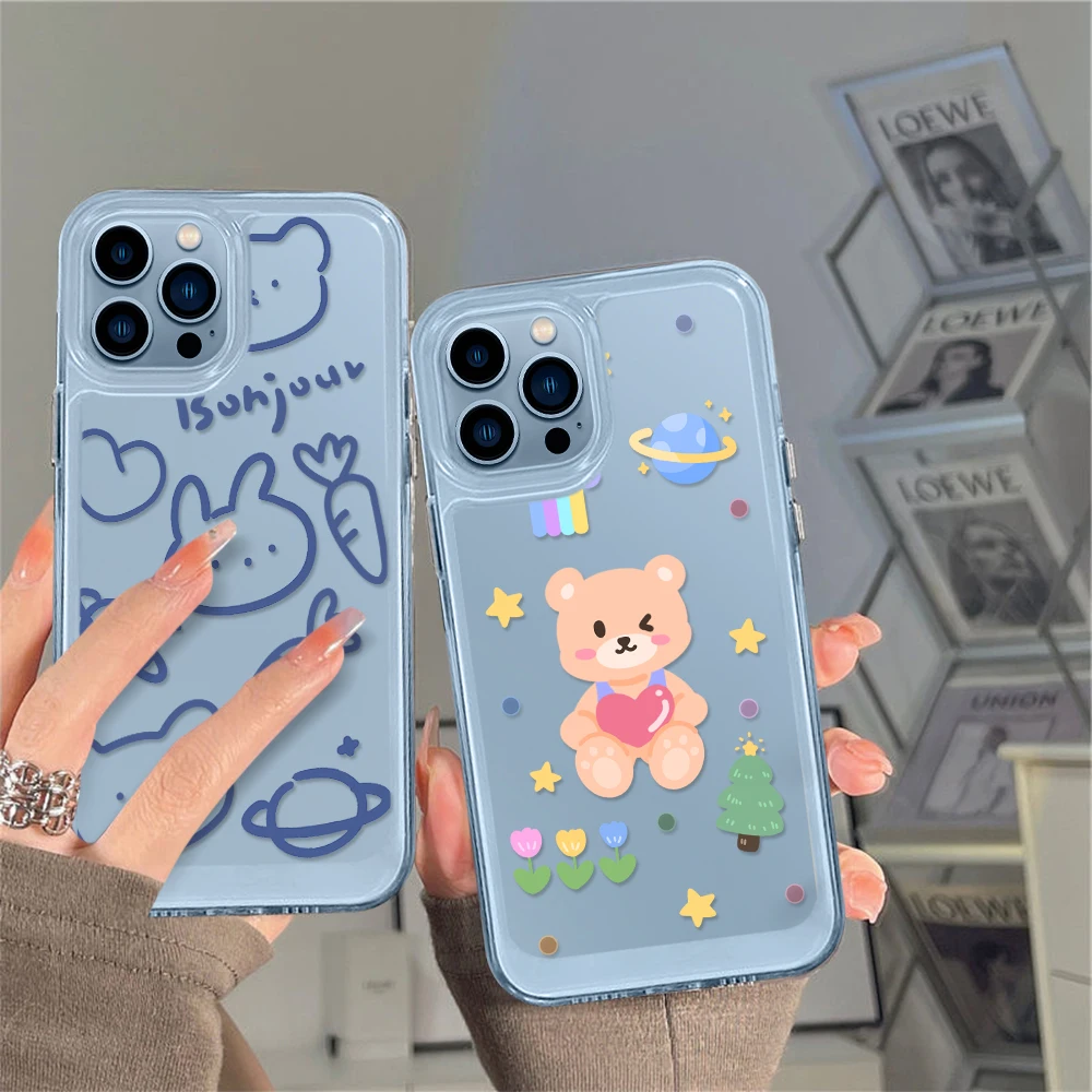 

Cartoon Cute Bear Space Rabbit Case for iPhone 14 13 12 11 Pro Max Mini XS XR X Cover for iPhone14promax Capa Protection Fundas