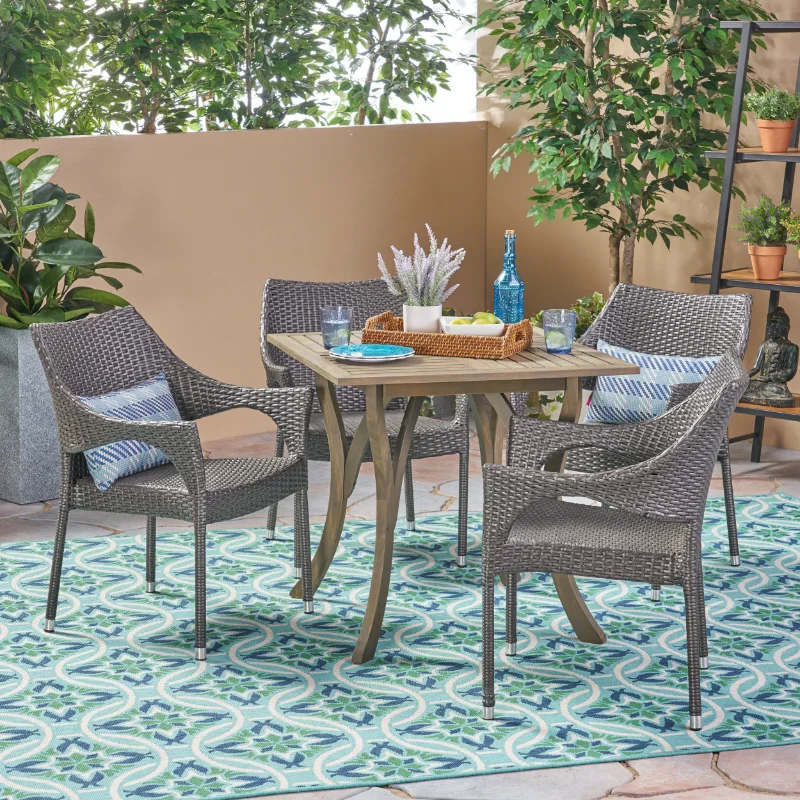 

Nayeli Outdoor 5 Piece Wood and Wicker Square Dining Set, Gray, Gray