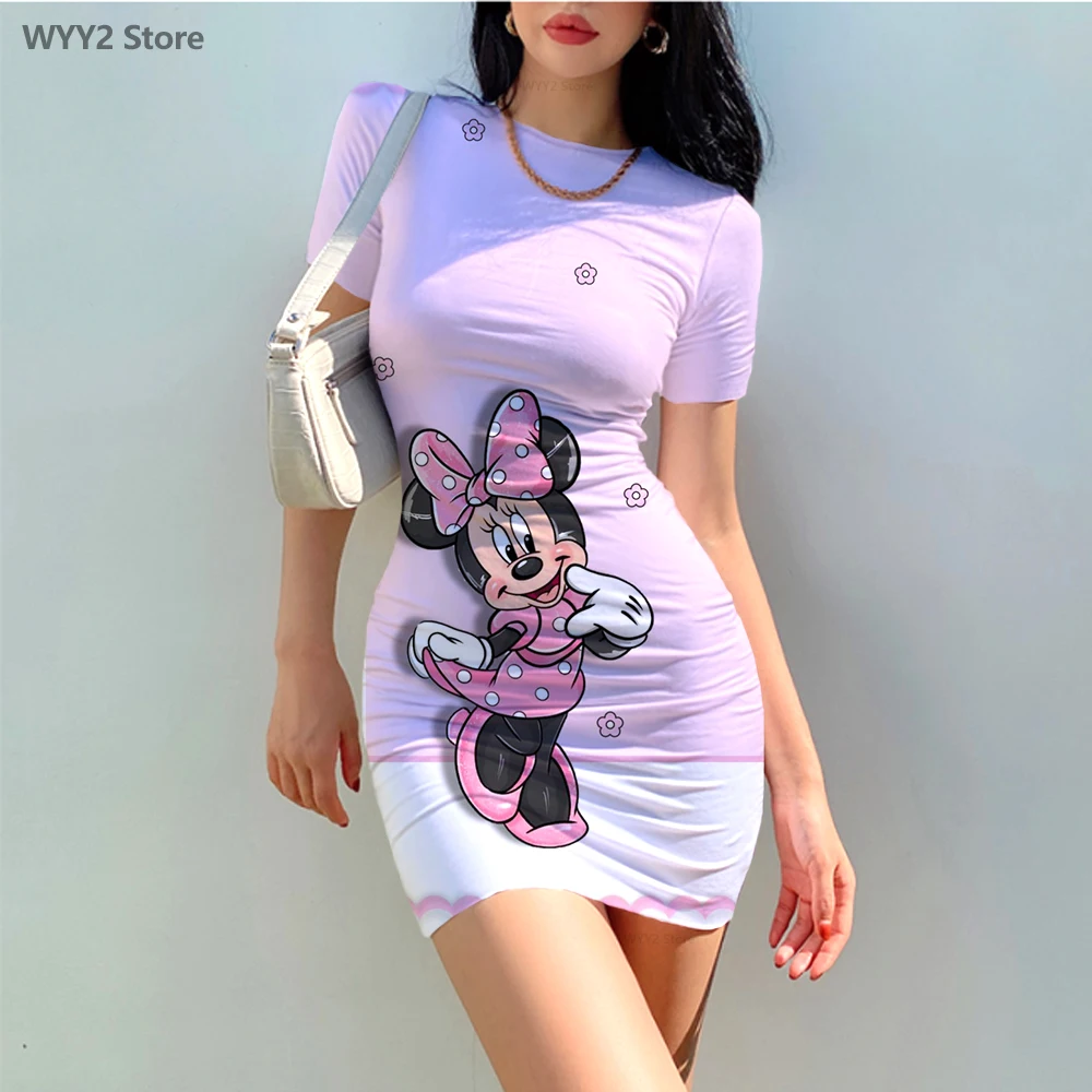 

Disney Minnie Mouse Bow Print Elegant Pencil Skirt Women Simple Sheath Office Dress Summer Short Sleeve Casual Vestido