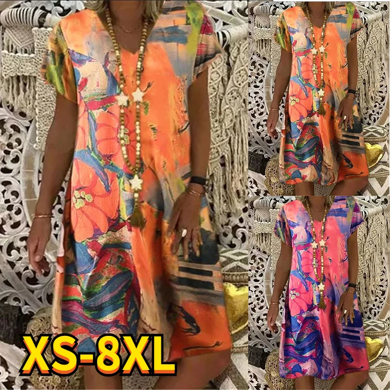 

2022 Summer Elegant Women's Floral Theme Printed Painting V Neck Casual Fashion Dress Knee Length Dress New 8XL