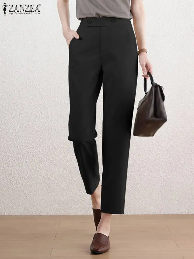 

Офисные брюки ZANZEA, модные однотонные женские брюки с высокой талией, Длинные шаровары 2022, модные деловые брюки палаццо с резьбой