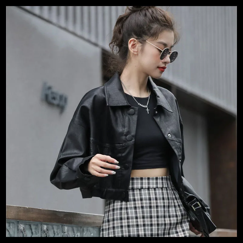 1pcs Women's PU Leather Short Jackets 2022 Spring Fashion Faux Fur Splicing Long Sleeve Ladies Skinny Locomotive Small Coats