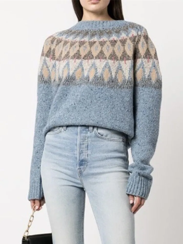 

Women Sweater Geometric Jacquard O-Neck Long Sleeve Vintage Wool Blend Pullover