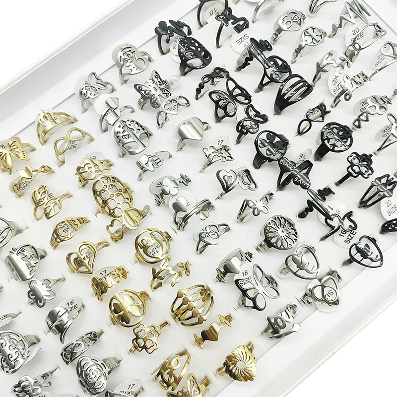 

20pcs/50pcs/Lot Wholesale Hot Mix Style Stainless Steel Finger Rings for Women Men Hollow Design Butterfly Love Flower Jewelry