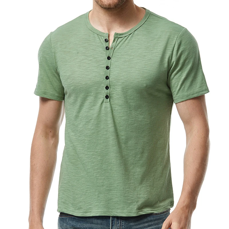 

Men's T Shirt Slub Cotton Henry Collar Solid Color Short Sleeved Basic Tops 2023 Summer Tees Fashion T-Shirts for Male Clothes