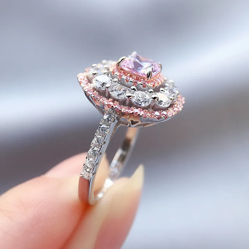 

New Temperament 100% S925 Sterling Silver Pink Diamond Ladies Ring Index Finger Princess Square Diamond Pink Diamond Ring Women