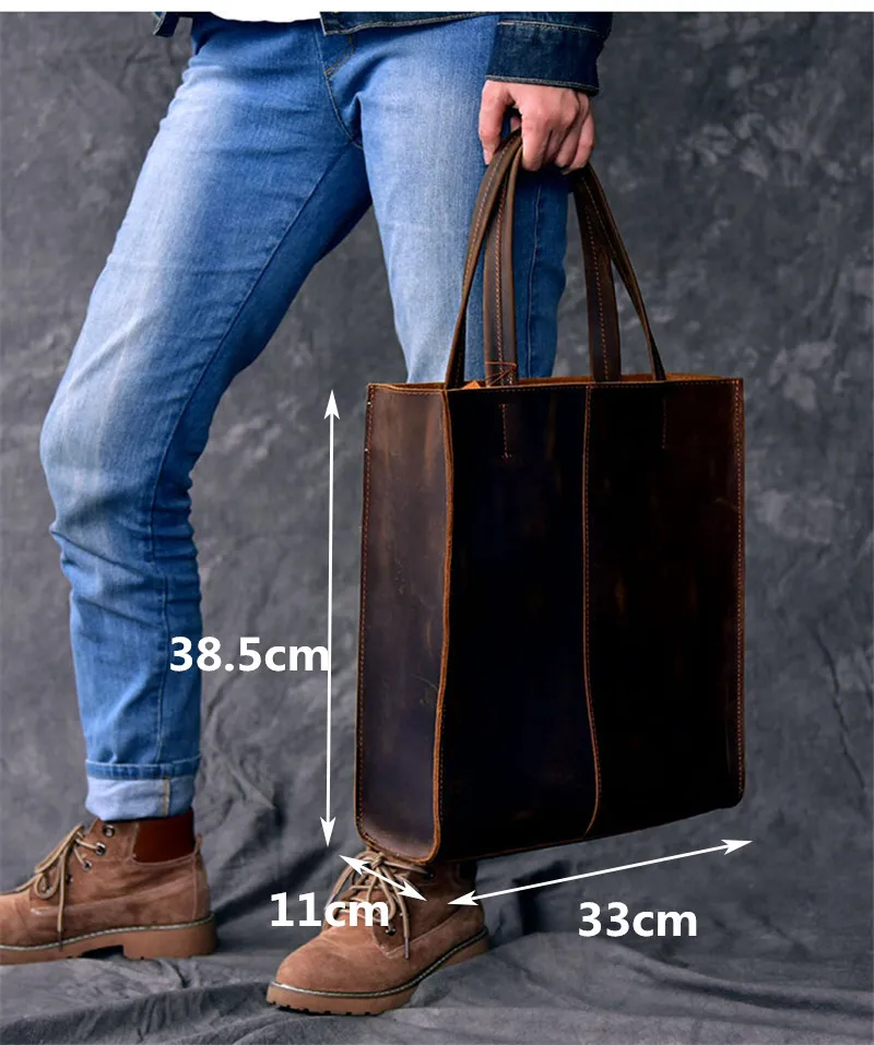 Simple vintage genuine leather men's tote bag fashion casual cowhide shopping shoulder bag work handbags cowhide brown holdall
