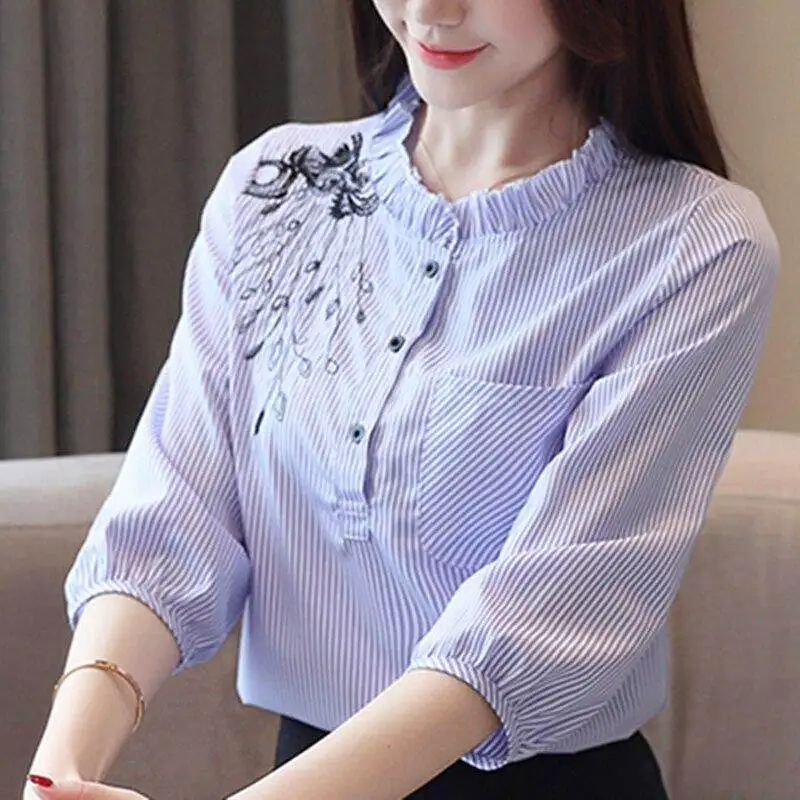 

Women Striped Blouse Shirt Short Sleeve Blouse O-neck Shirts Casual Tops Blouse