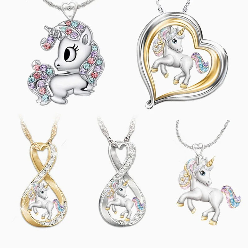 

5 Style Cute Girly Animal Animal Jewelry Vintage Rainbow Crystal Horse Pendant Love Heart-Shaped Necklace for Women Jewelry Gift