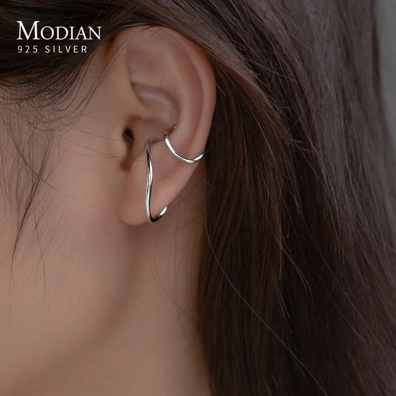 

MODIAN 925 Sterling Silver Irregular Geometric Lines Clip Earrings For Women Fashion Design Without Piercing Earrings Jewelry