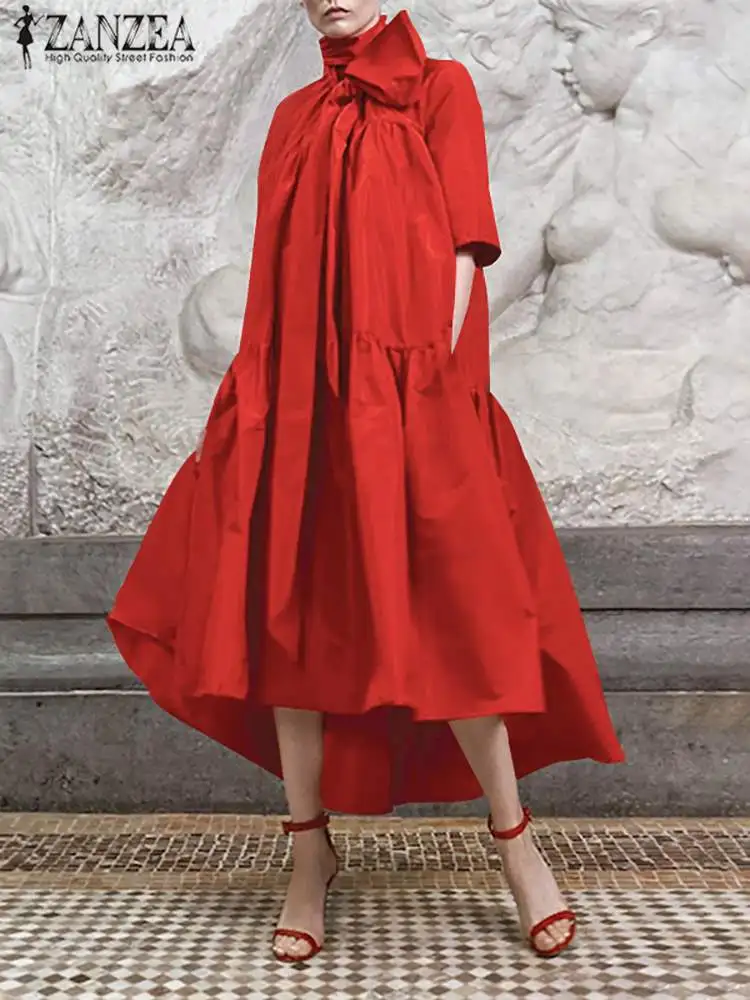 

ZANZEA Fashion Tiered Dresses Women Vintage Bow Tie Neck Half Sleeve Midi Vestido Asymmetrical Hem Streetwear Party A-line Dress