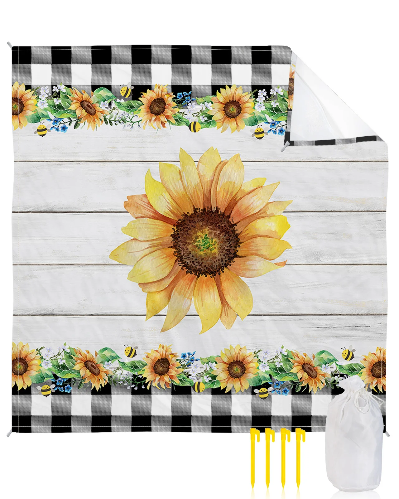 

Farm Sunflower Plaid Beach Mat Waterproof Portable Camping Outdoor Beach Blanket Picnic Mat