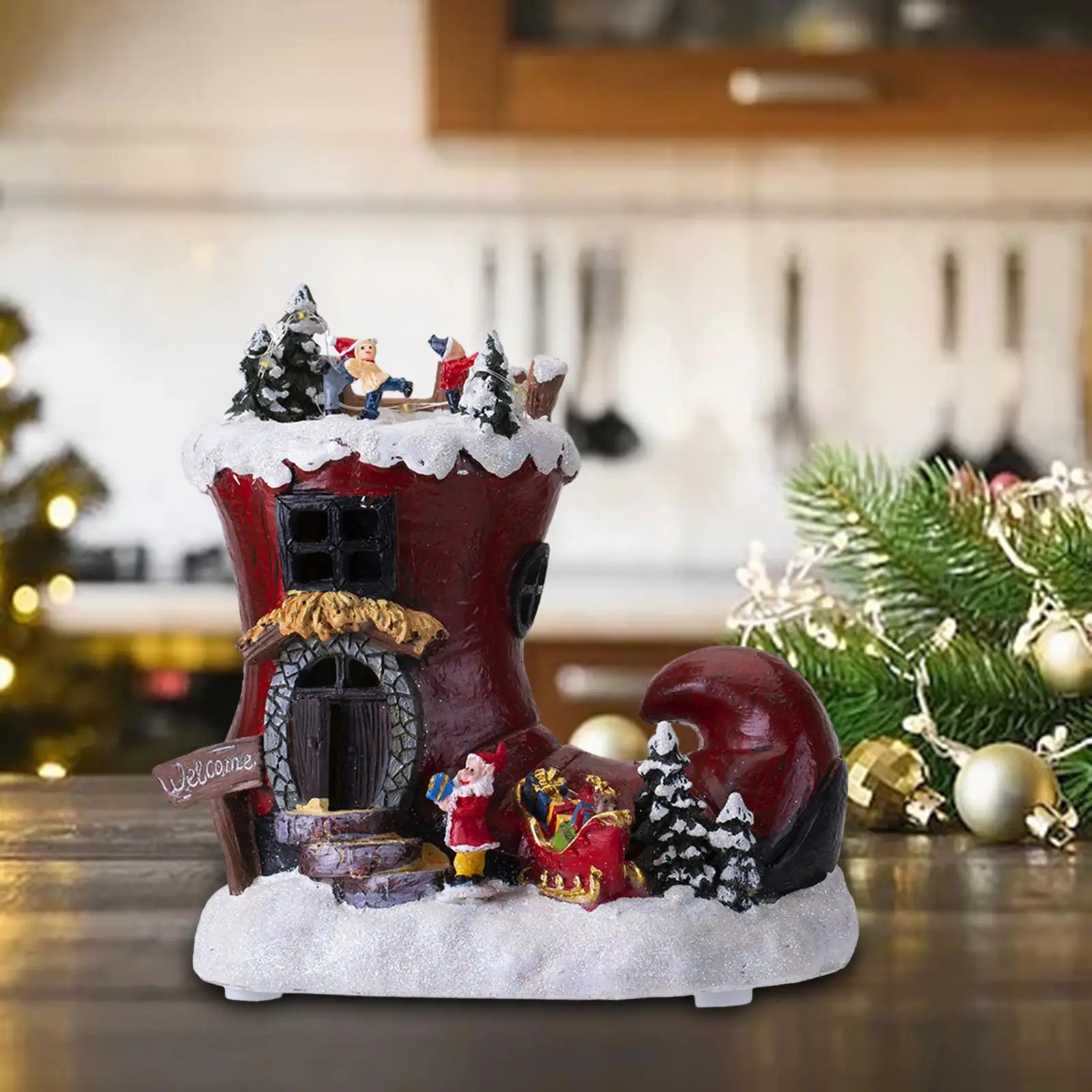 

Christmas Ornament Fireplace Tabletop Artwork Rotating Boot House Music Box