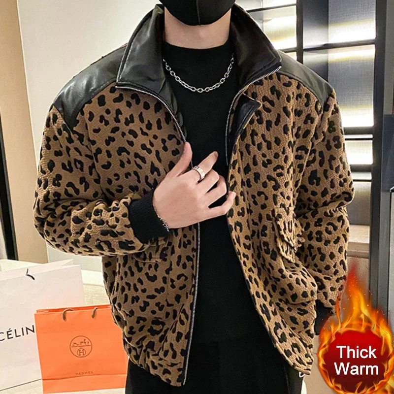 Мужская зимняя куртка из ПУ кожи с леопардовым принтом