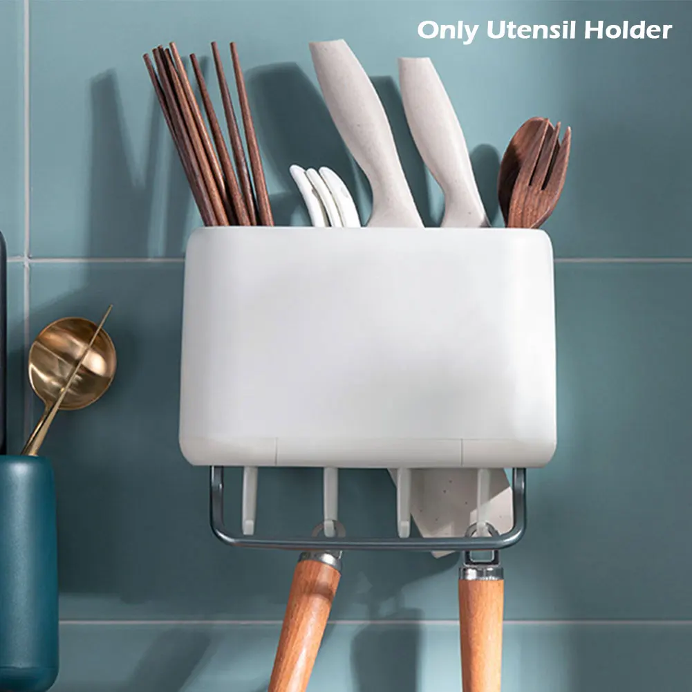 

For Cutlery Home Kitchen Utensil Holder Wall Mount Storage Multifunctional Organizer Drying Flatware Slot With Hooks Towel Rack