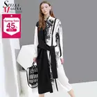 Окрашенные стильные женские черно-белые лоскутные платья размера плюс с длинным рукавом, платье-рубашка с поясом, женские повседневные миди винтажные платья 6611
