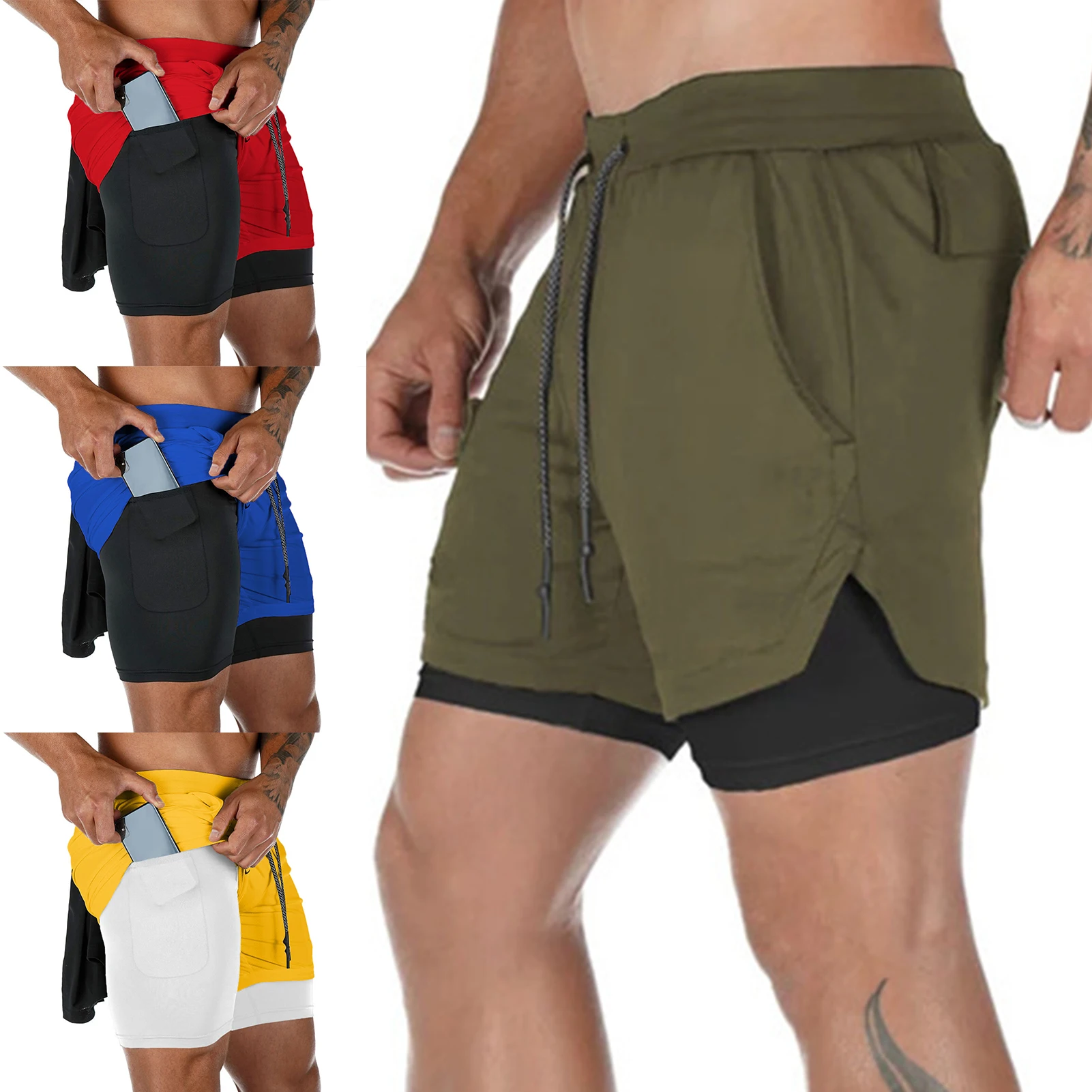 

Men's Summer Running Shorts 2-in-1 Design Quick Dry Multi-Pockets Drawstring Mesh Outer Layer for Sports Workout Hiking PR Sale