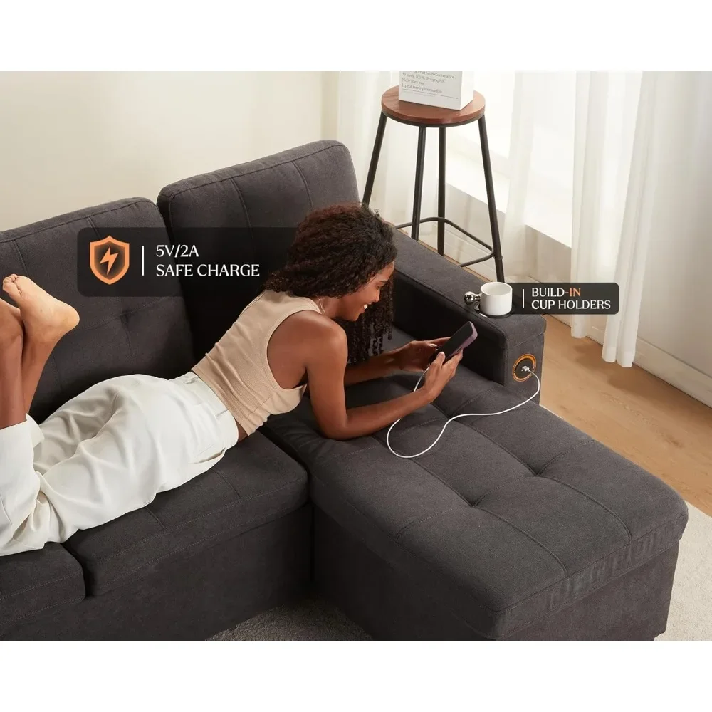 Г-образный диван-кровать с USB-портом для зарядки местом хранения вещей выдвижной