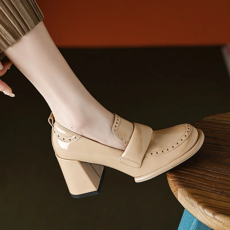 fashion patent leather shoes woman pumps thick high heels shoes woman round toe designer shoes red party dress shoes nude pumps