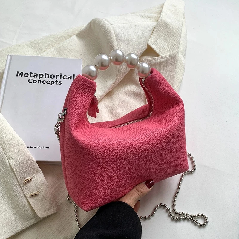 

Beads Handle Chain Shoulder Crossbody Messenger Sling Bag 2022 Small Sweet PU Leather Women Summer Fashion Trend Brand Luxury Ha