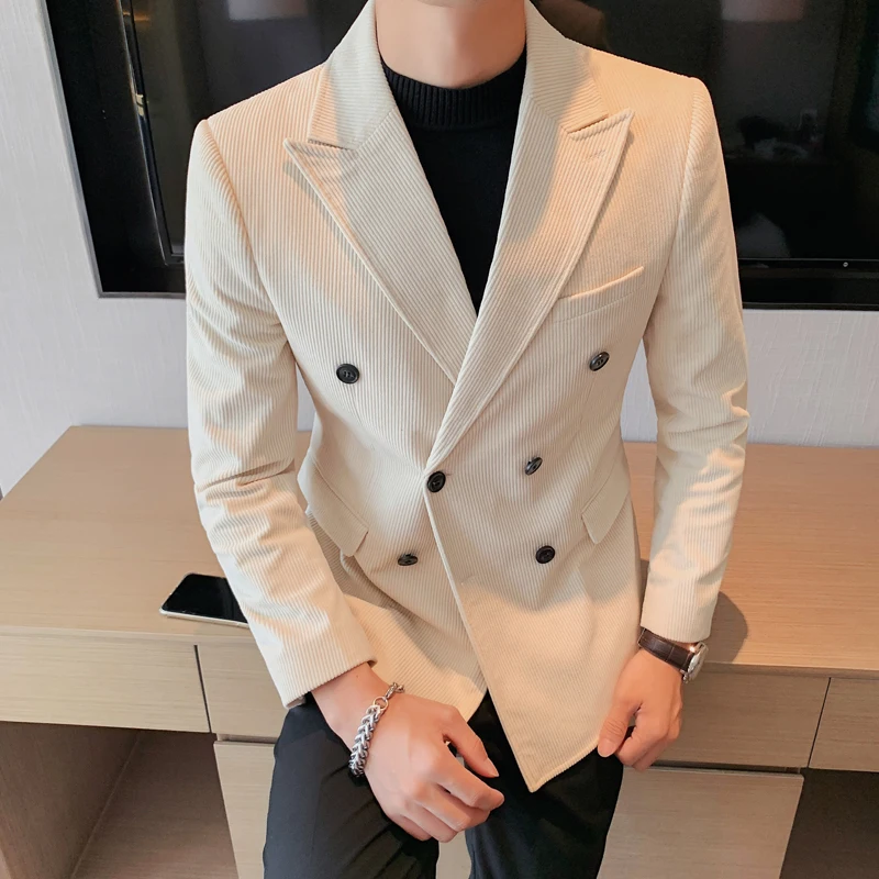 

Men Corduroy Blazers Double Breasted Suits Jackets Male Slim Fit Dress Jackets Business Casual Coats High Quality Men Blazer 4XL