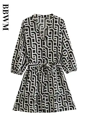 Geometric Print Dress Women Belt Mini Dress 2023 Summer Short Dresses Vintage Three Quarter Sleeve Chic Female Mini Dress
