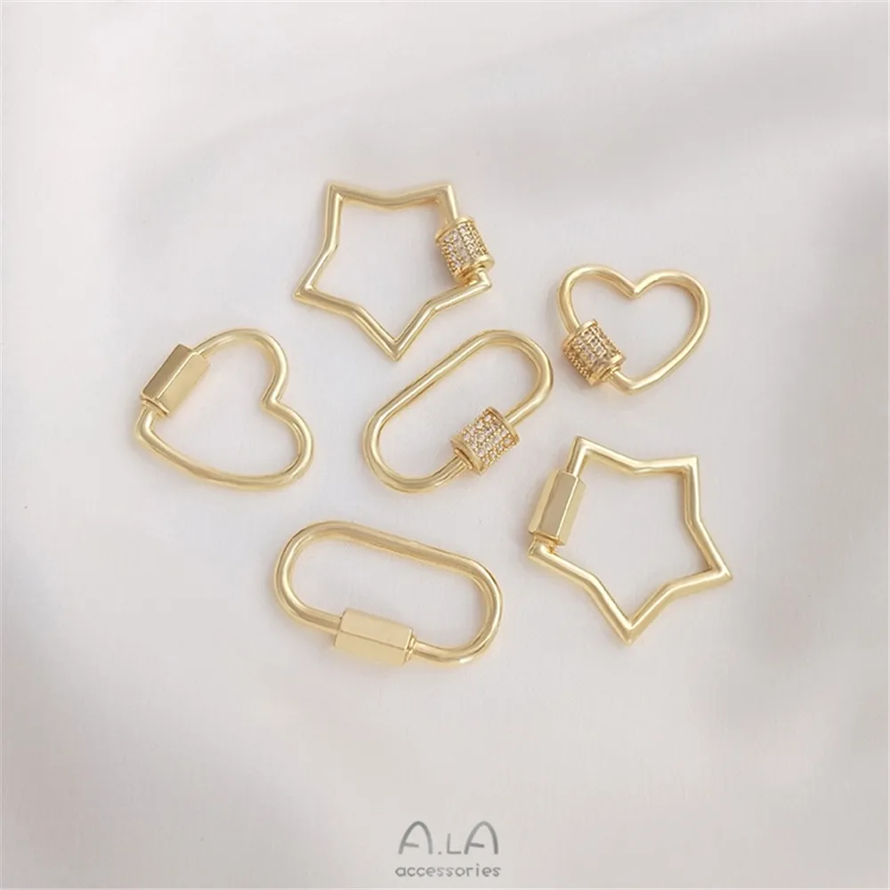 

14K gold-clad oval peach pentagram inlaid zirconium turnbuckle pendant DIY chain connection end clasp