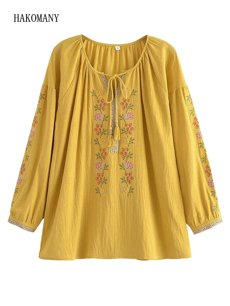 

Женская блузка в стиле бохо, свободная рубашка из хлопка и льна с вышивкой и бантом на воротнике, праздничные Топы с длинным рукавом, желтый, темно-розовый цвета, весна 2023