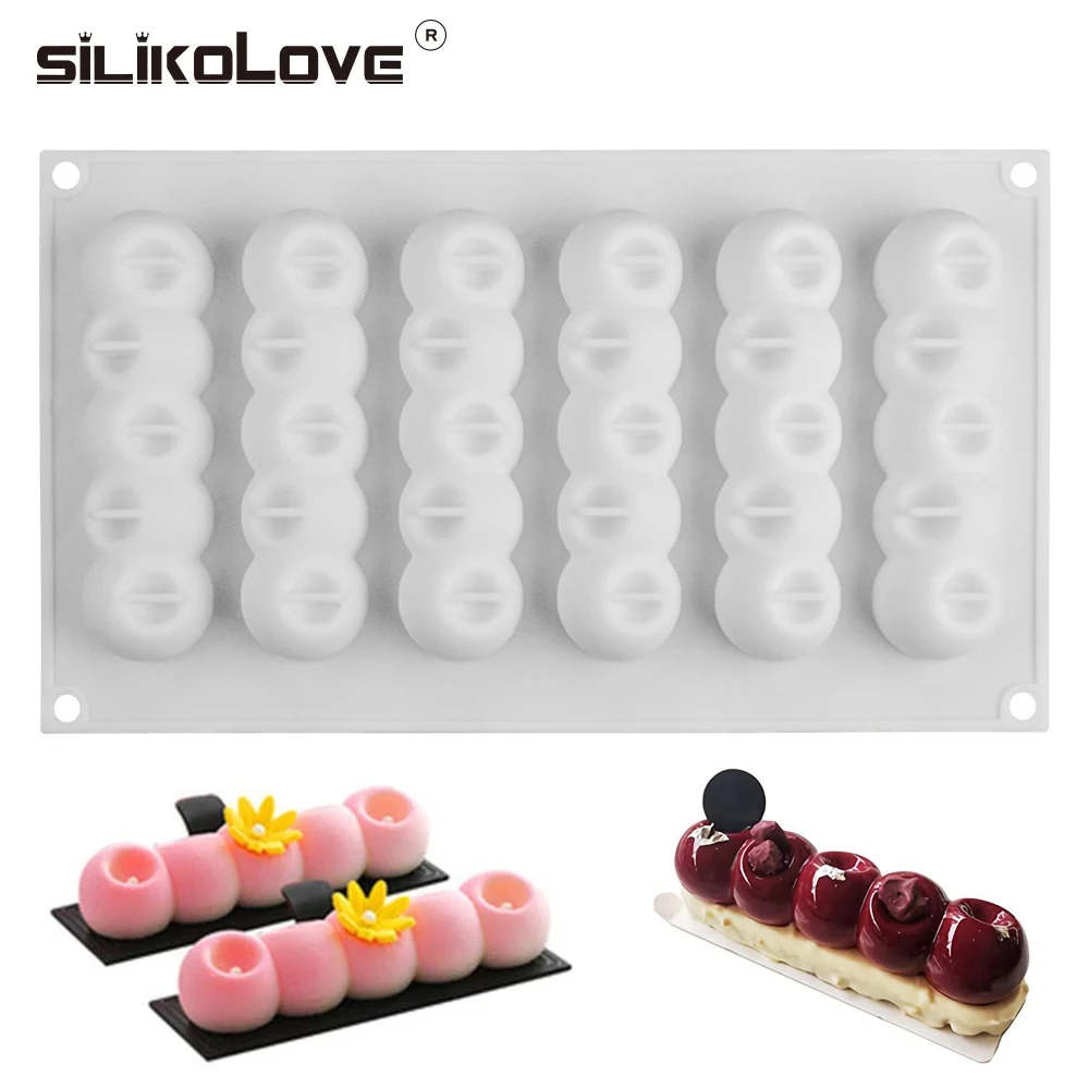 SILIKOLOVE-Molde de pastel de ratón de silicona con forma de tira larga, herramientas para hornear 3d, decoración de postres, utensilios para hornear para boda, 6 bolas cóncavas