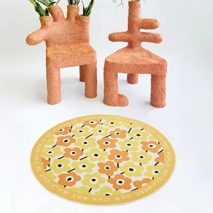 Нескользящий круглый ковер с цветочным принтом зеленая желтая буква спальня