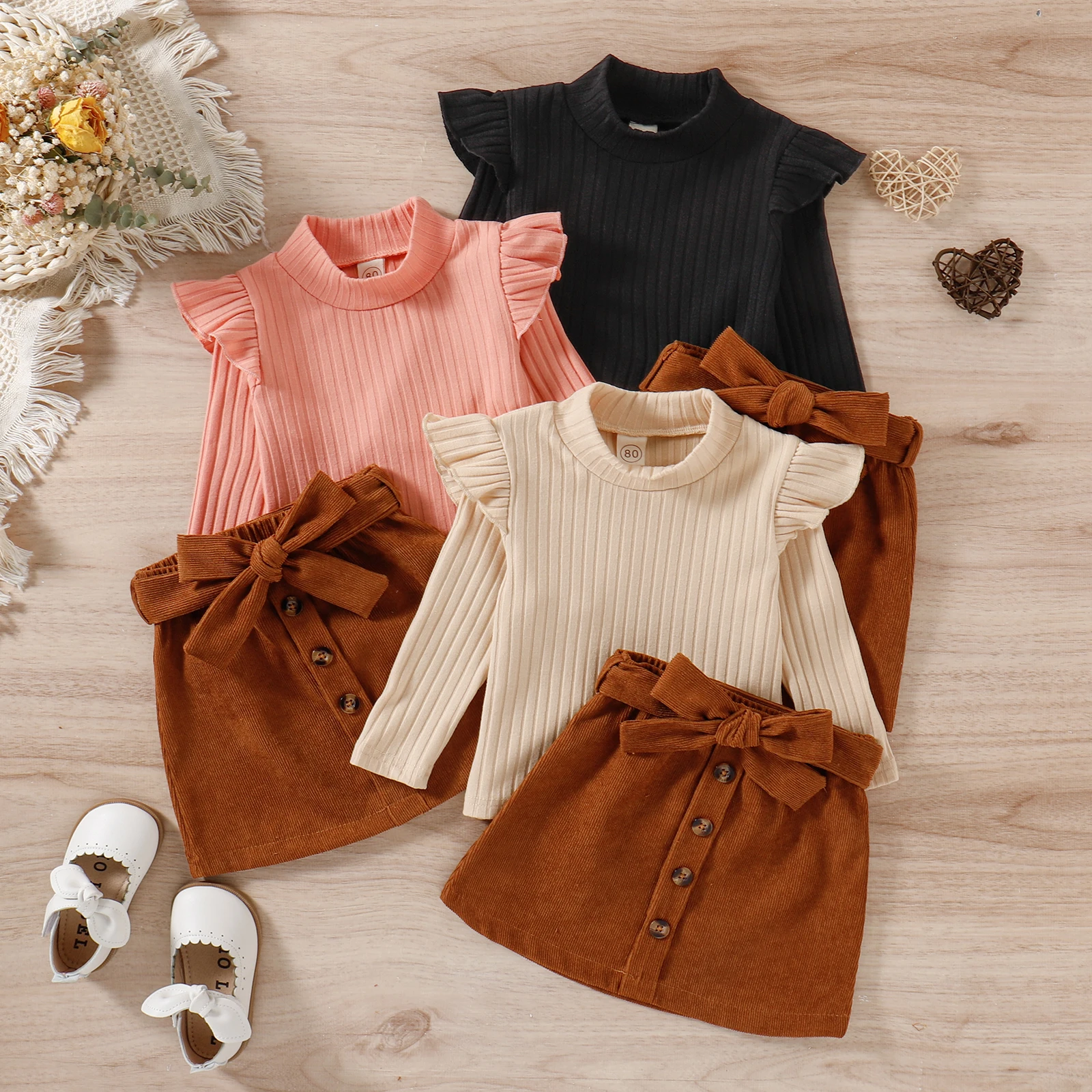 

Toddler Baby Girl Clothes Set Flying Sleeve Ribbed Knitted Tops T-Shirt Belted Button Mini Skirts Outfits