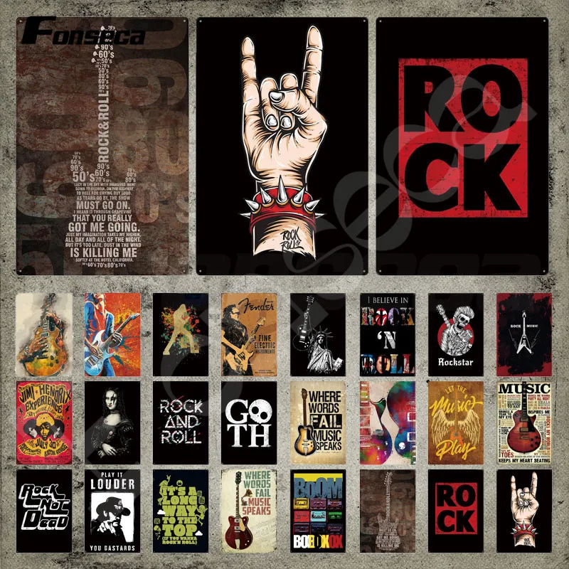 

Rock and Roll Tin Sign Rock Music Guitar Metal Sign Iron Painting Wall Stickers Metal Plate Plaque for Music Room Decoration