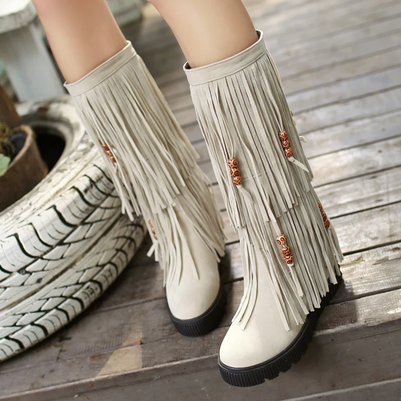 Women's Boots Winter New Round Head Zipper Tassel Internal Increase Mid Heel Short Tube Women's Shoes Plus 34-43 Botas Mujer