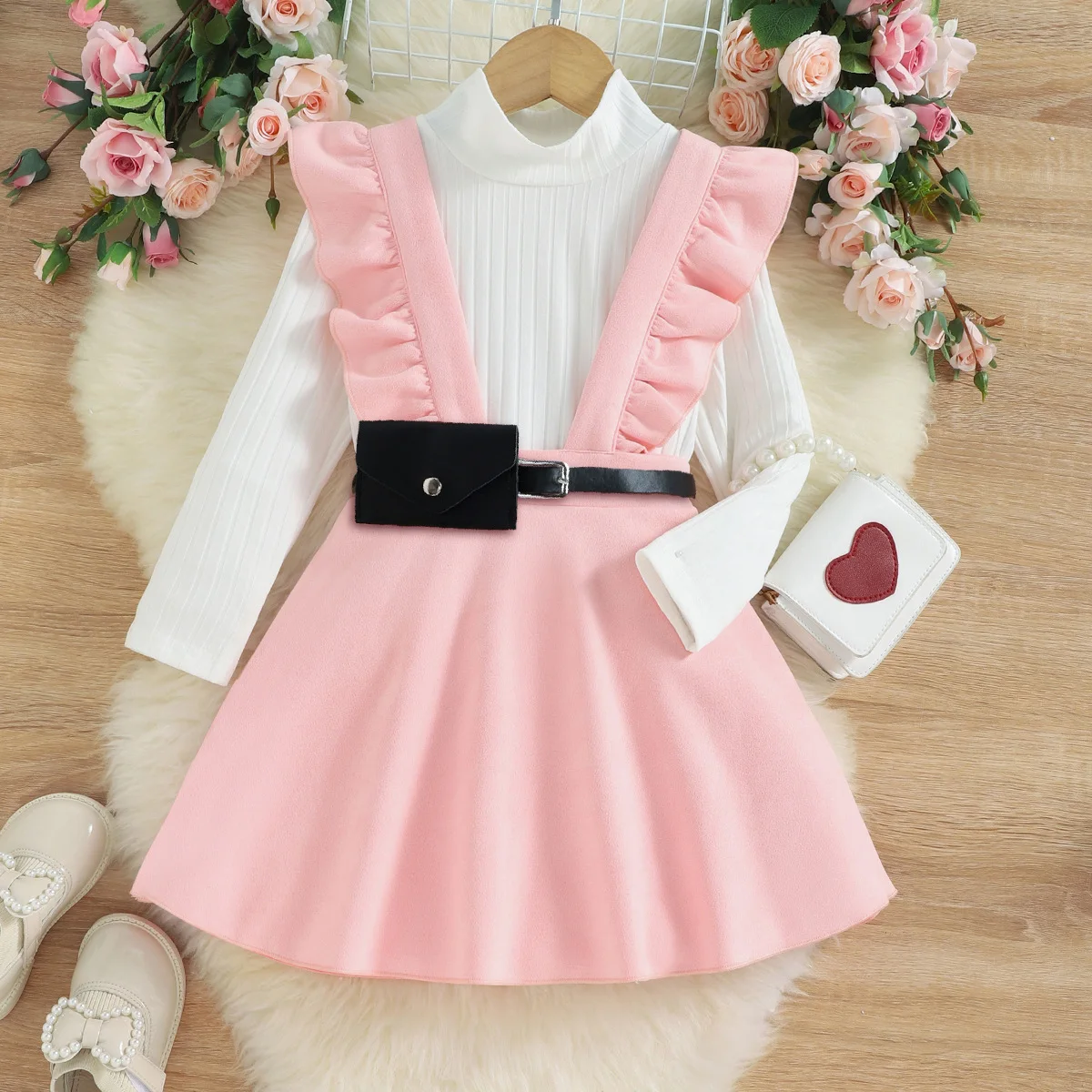

Spring Autumn Girls Dress Korean For Girls Long Sleeve Knitted Bottom Shirt+Suede Strap Skirt+Waist Bag Princess Dress Clothing