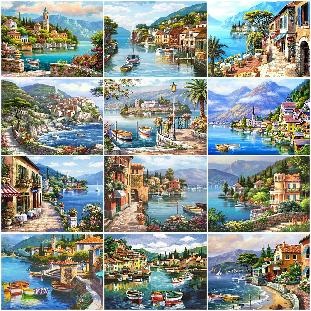 

MomoArt Seaside Diamond Embroidery Town Mosaic House Landscape Cross Stitch Painting Beaded Full Square Round 5D Wall Decor