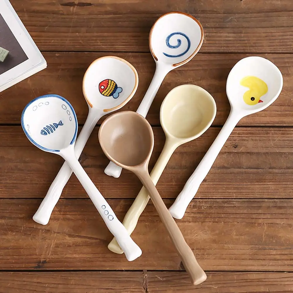 

Cartoon Cute Ceramic Spoon Long Handle Cartoon Cute Dessert Ice Cream Soup Spoon Home Restaurant Tableware Kitchen Dinnerware