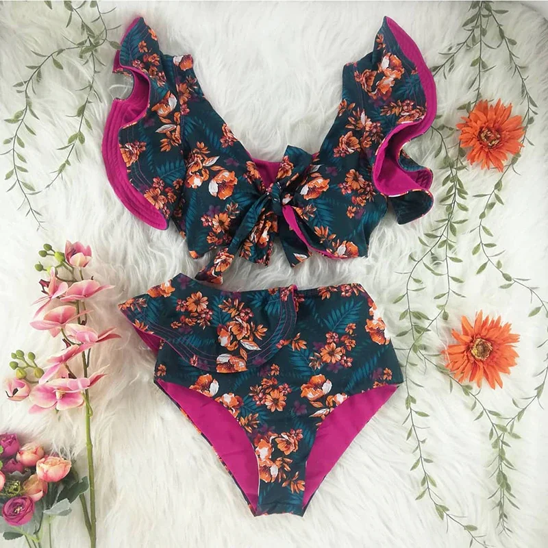 

MIMY 2022 Beach Bathing Swimsuit New Bikini Floral Ruffled Bikini Set Women V-neck High Waist Two Piece Girl Suit Swimwear