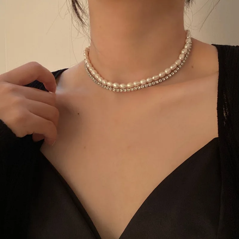 

2022 Silver Color Bling Crystal Freshwater Pearl Choker Necklace Accessary