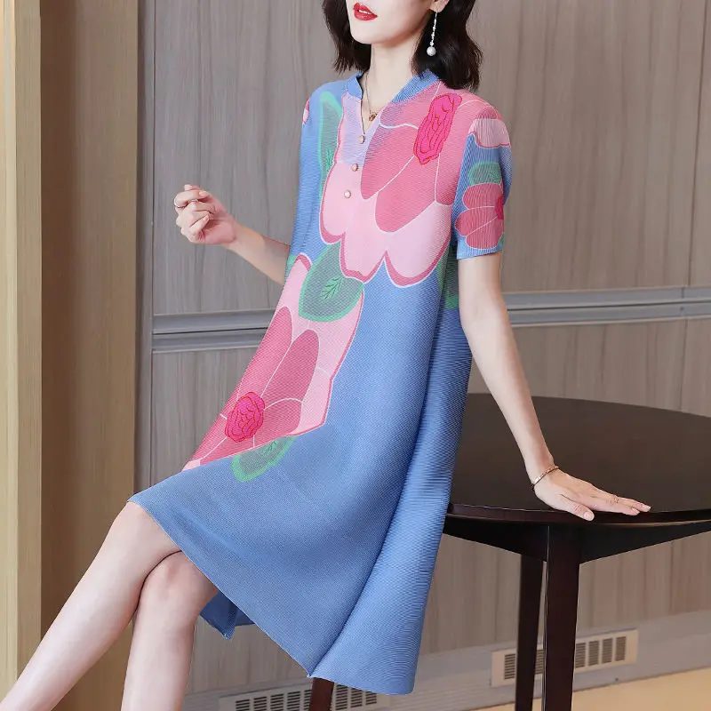 

Casual summer dress 2022 mid-length short-sleeved printing Western style thin and age-reducing new short sleeve loose dress